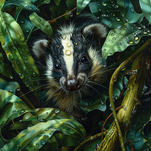 Eastern spotted skunk in vibrant green foliage with dew droplets