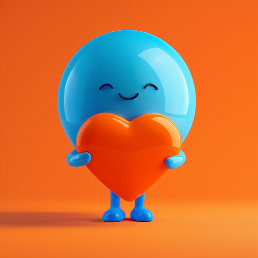 Lovable blue emoticon holding a heart on a background