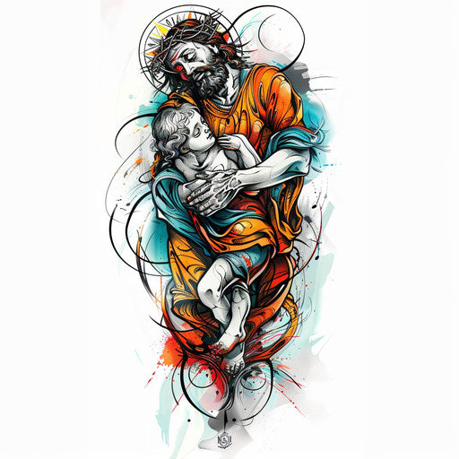 Artistic depiction of Saint Christopher carrying the Christ child as a dynamic tattoo design in vibrant colors on a white background