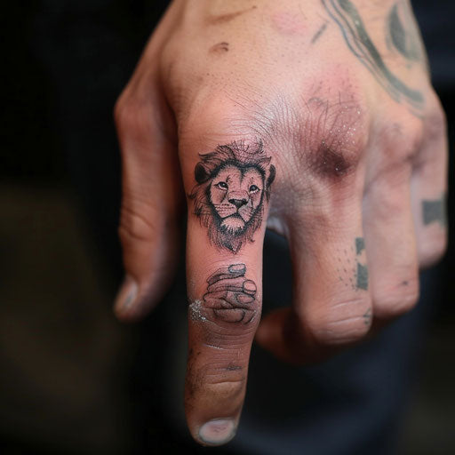Finger tattoo with a small lion head, in the style of Ami James