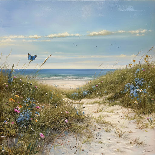 Blue butterfly on sandy beach with wildflowers