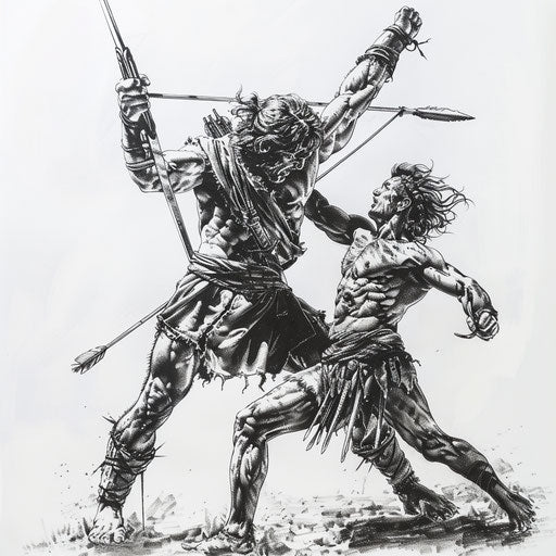 Victory of David over Goliath in black and gray tattoo