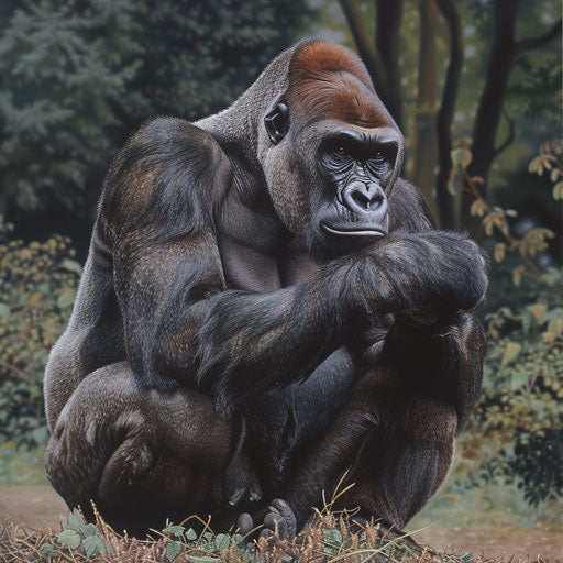 Western lowland gorilla contemplating in forest clearing