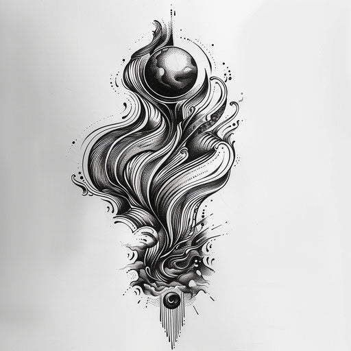 Dynamic flat tattoo sketch of a black pearl with abstract waves emanating from it