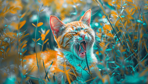Collection of photos of a yellow cat yawning in grass