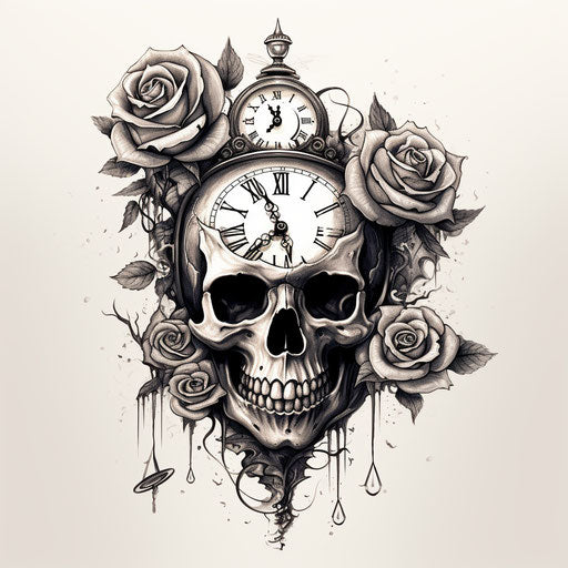 Cute clock tattoo with skull and roses in matte style