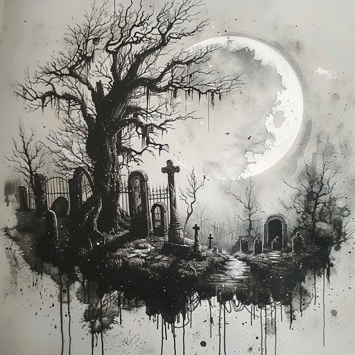 Eerie graveyard scene at midnight, unsettling tattoo art on white canvas