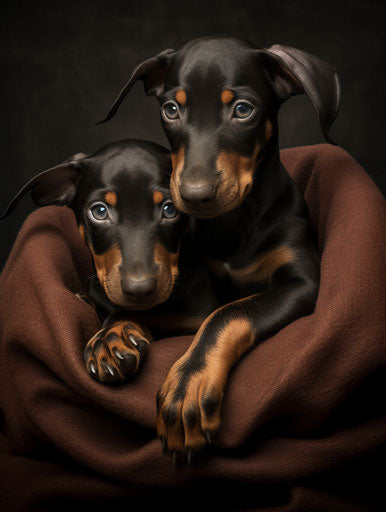 Doberman puppies, realistic chiaroscuro, faux naïf, maroon and bronze