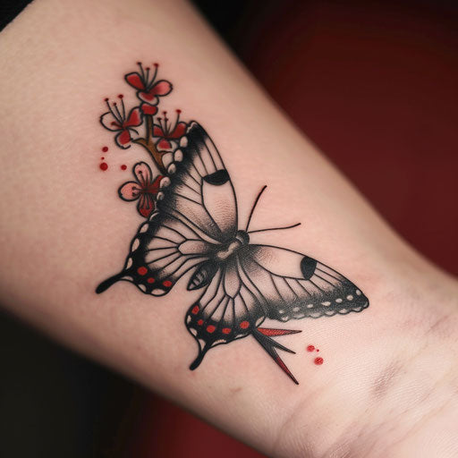 Traditional Japanese butterfly and cherry blossom tattoo