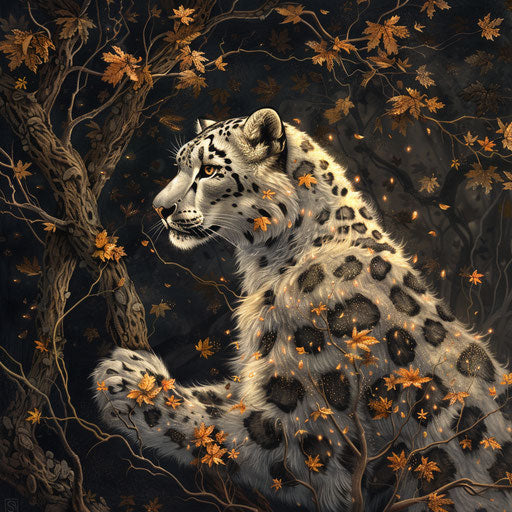 Snow leopard with coat of golden leaves and autumn branches