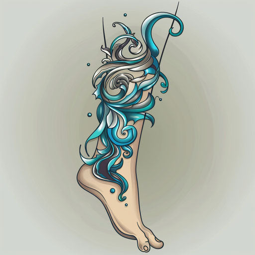 Dynamic flat tattoo sketch of an ankle bracelet with swirling waves and blue hues