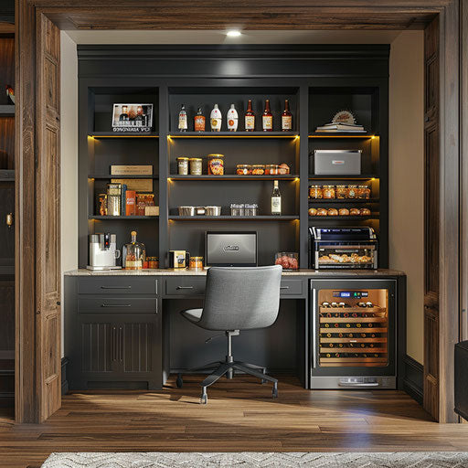 Home office with coffee bar and stocked mini-fridge