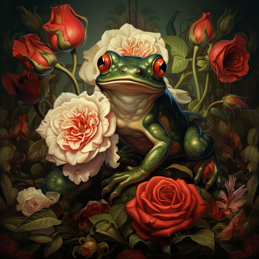 Frog on flower with red roses, classic tattoo style