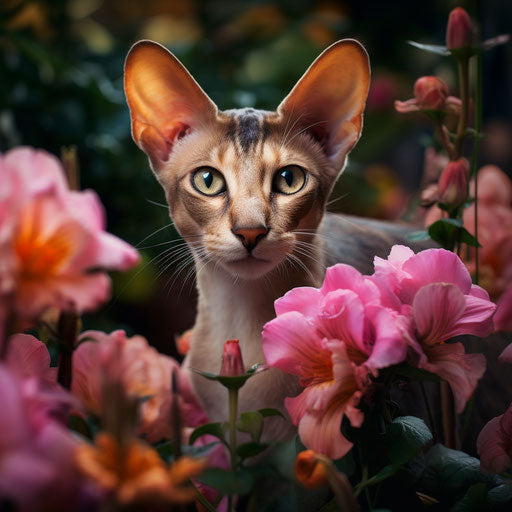 Oriental shorthair cat in a flower bed