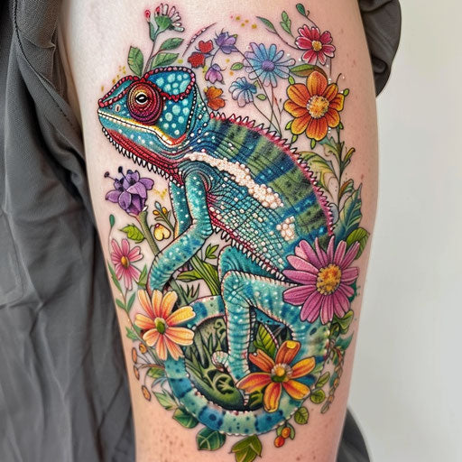 Wildflower tattoo with chameleon, vibrant hues, detailed animal, playful