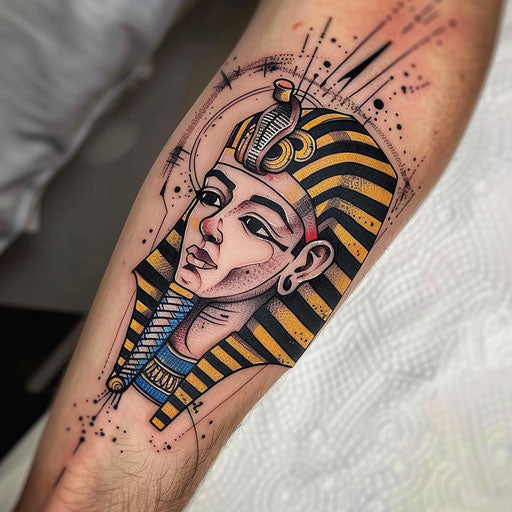 Playful flat tattoo sketch of a pharaoh with whimsical cartoonish features