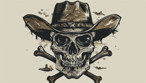 Skull with cowboy hat and crossed bones, captivating poetcore style 37:21