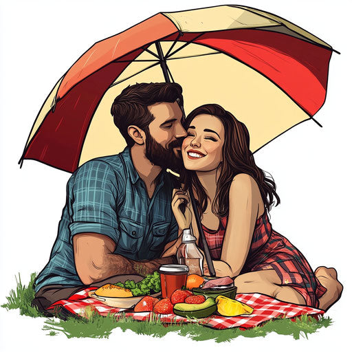 Romantic picnic under colorful umbrellas
