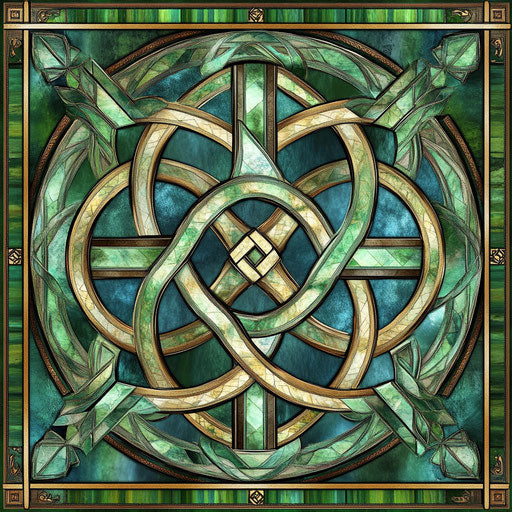 Intricate Celtic knot in green and brown on stained glass