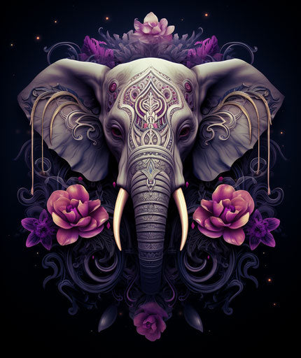 Elephant with flowers on head, silver and magenta