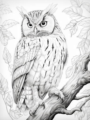 Owl on branch coloring precisionist realistic bird paint carving 3:4