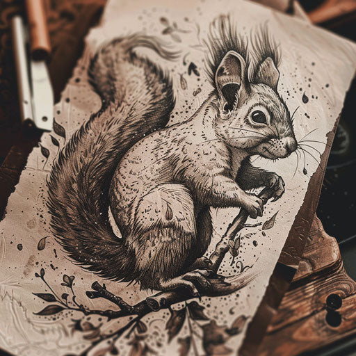 Rustic flat tattoo sketch of a vintage squirrel