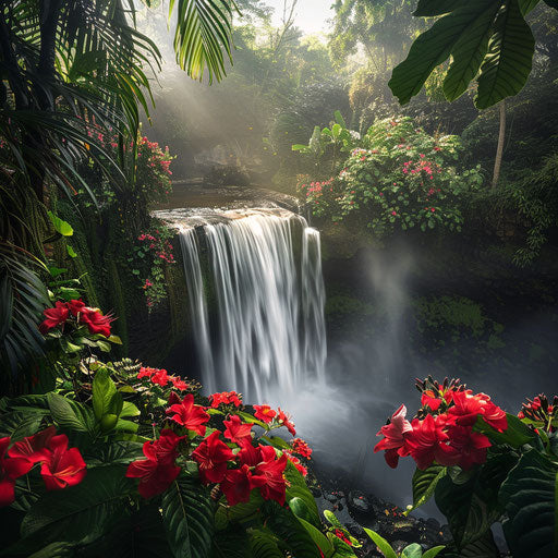 Tegenungan Waterfall with lush greenery and exotic flowers