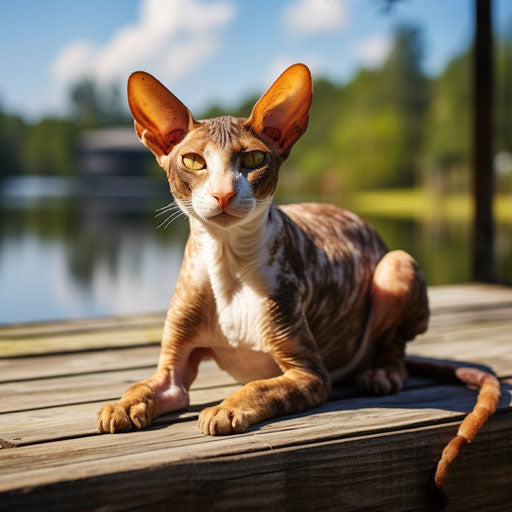 Cornish rex cat lying on a dock