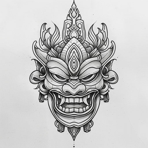 Flat cultural tattoo sketch of a traditional mask