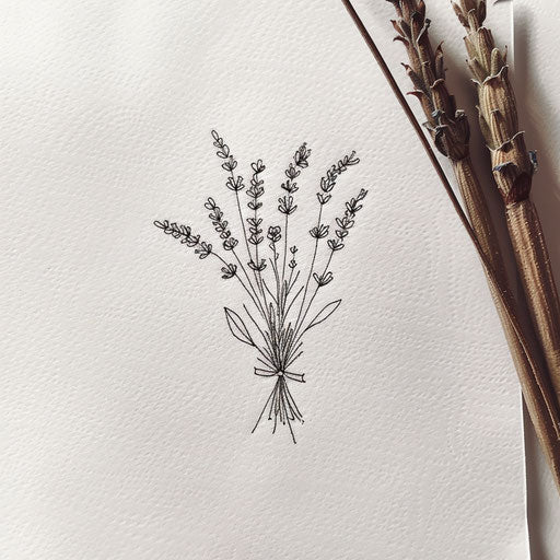 Botanical sketch of a small lavender bouquet tattoo, in fine lines on white paper