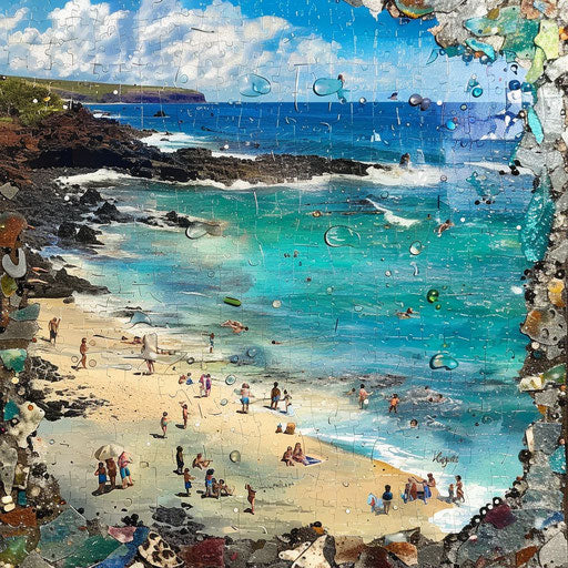 Glass beach with families under the sun and sea