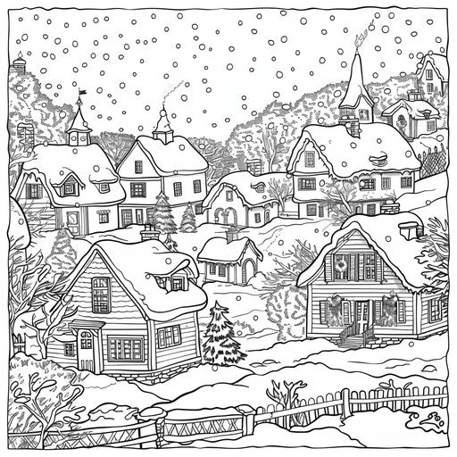 Cozy winter village with snow-covered houses, Jan Brett style