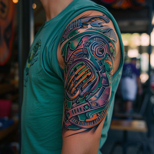 Abstract and colorful biomechanical half sleeve tattoo