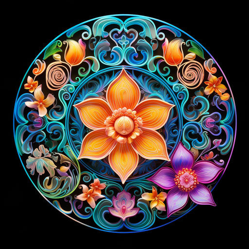 Esoteric symbols in a bright floral pattern