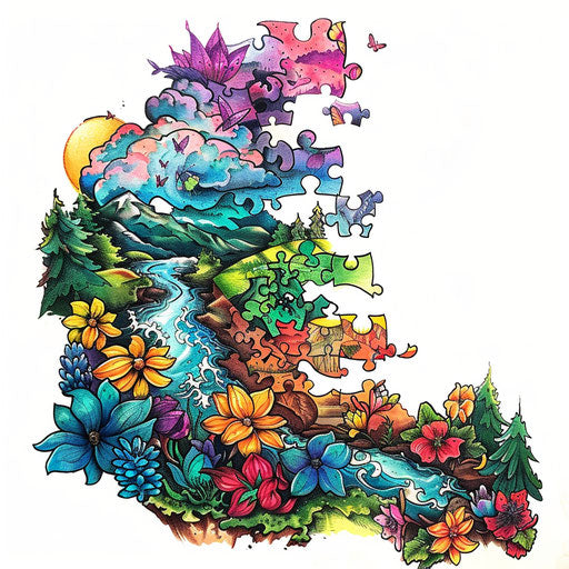 Illustrative landscape with autism puzzle pieces in vibrant colors