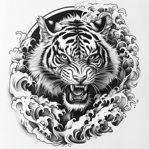 Japanese tiger tattoo with traditional patterns and waves