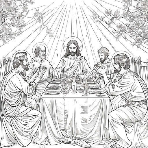 The Last Supper with Jesus and his disciples. Coloring page