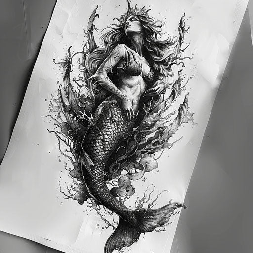 Gothic mermaid tattoo design in a deep and mysterious sea
