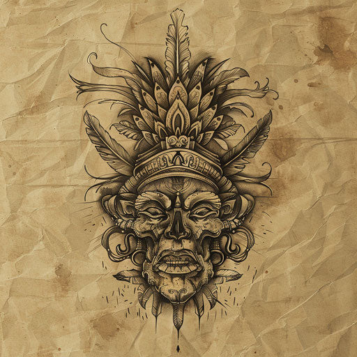 Flat tattoo sketch of a shrunken head with an ornate headdress