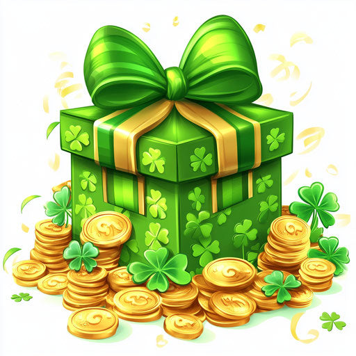 St. Patrick's Day: cute gift box, gold coins, clover
