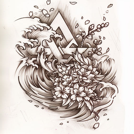 Traditional Japanese tattoo sketch of a Valknut with waves and cherry blossoms