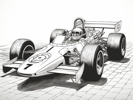 Racing car coloring activity, precisionist style miniatures