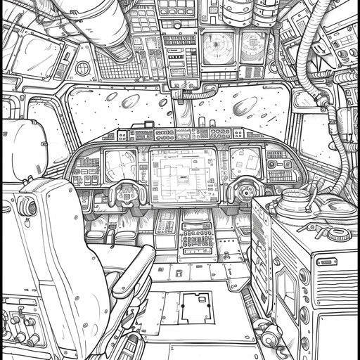 Whimsical scene of a computer in a spaceship cockpit