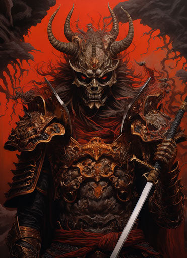 Masamune samurai in armor, holding two swords, dark red and orange style, dystopian, dragoncore, bold, colorful, large-scale, skeletal, detailed facial features