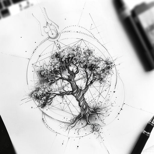Detailed geometric tattoo design of a tree of life on white paper