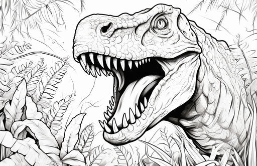 Dinosaur in the jungle, coloring page in comic art style