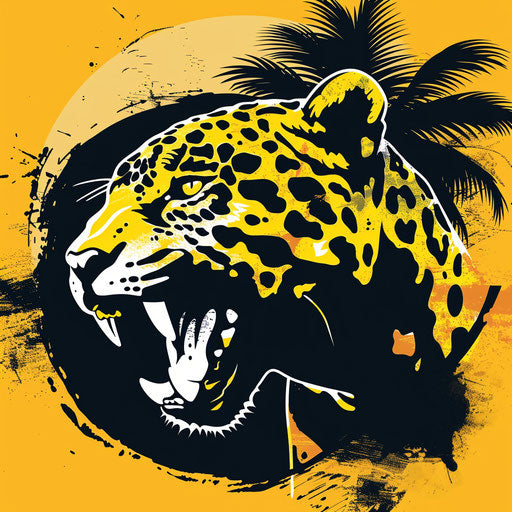 Fierce jaguar sports logo in yellow and black, with a tropical background