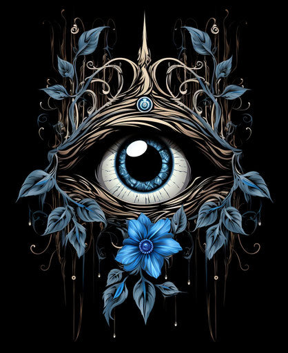 Black and white drawing of the eye with blue, intricate foliage style, poignant symbolism
