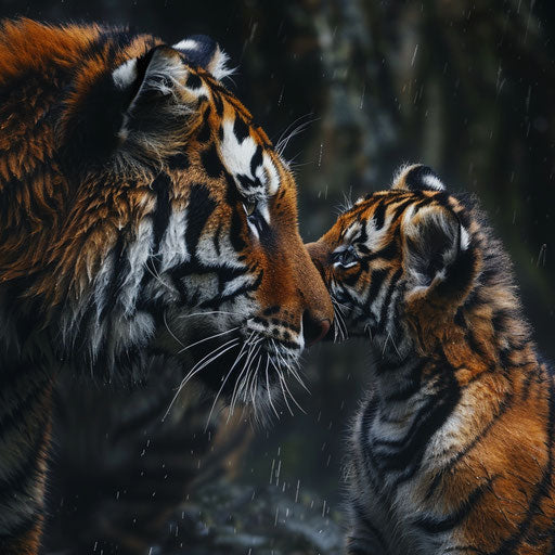 An intimate moment of a tiger gently interacting with its offspring, a tender side of the beast.