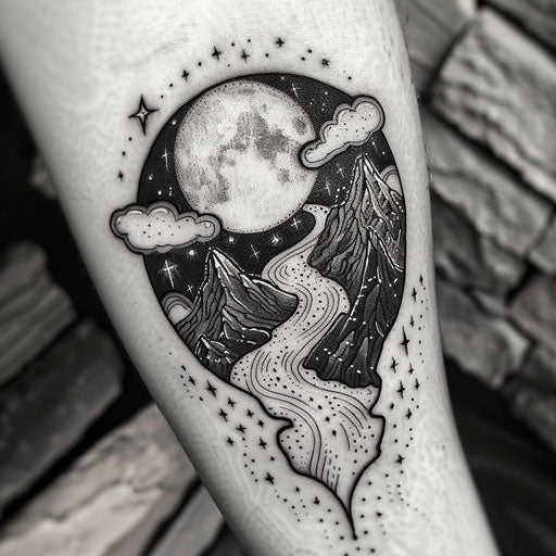 Surreal flat tattoo sketch of landscape with obsidian mountains under starry sky